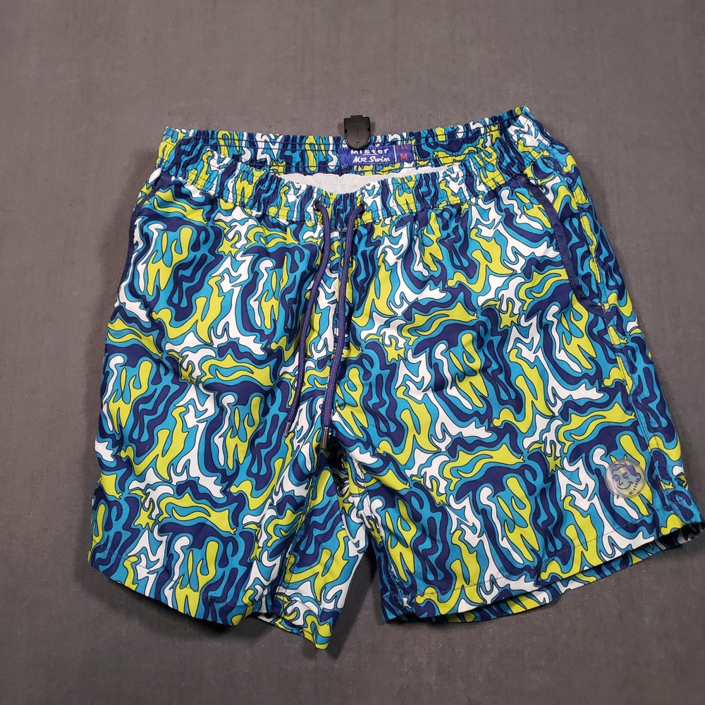 Mister Mr. Swim Trunks Mens Sz M Blue Green Psychedelic Swirl Mesh Lined Shorts